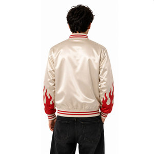 Blouson bomber crème pour homme avec imprimé flamme rouge et patch spirale, col montant, fermeture éclair, style décontracté, matière polyester - Product Image 5