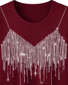 Camiseta de Algodón para Mujer Color Borgoña, Diseño de Corazón con Pedrería, Estilo Casual de Manga Corta, Top de Verano, Fabricante de Logotipos Personalizados OEM - Product Image 5