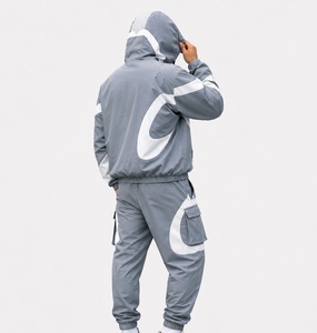2026 Men's Gray Hooded Tracksuit Full <b>Zip</b> <b>Sweatshirt</b> & Pants Set Geometric Print Streetwear Autumn Wear Windproof 100% Polyester - Product Image 6