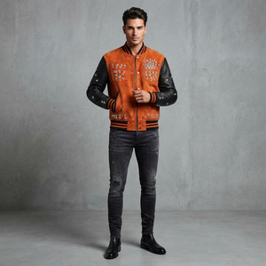 Custom <b>Suede</b> Varsity <b>Jacket</b> <b>Men</b> Real Leather Sleeves Rhinestone Crystal Studded Orange Black Baseball Bomber Streetwear Overcoat - Product Image 6