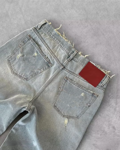 Jean en denim déchiré à taille haute et coupe droite, coupe ample, délavage vieilli, en coton, style décontracté, pour l'automne - Product Image 4