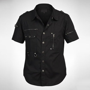 Customized <b>Men's</b> Gothic Industrial Short-Sleeve Shirt - Black Metal & Zipper Detail Top Factory Supplies - Product Image 1