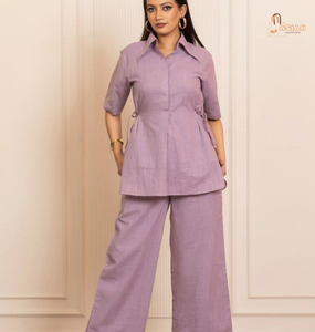 Womens Solid Long 2-Piece Cotton Blend Co-Ord <b>Set</b>-Button Loose Shirt & Wide-Leg Pants - Product Image 1