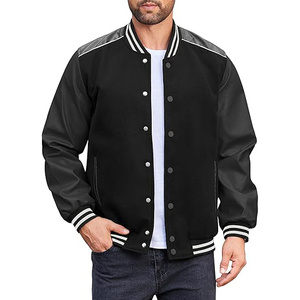 Chaqueta Varsity para Hombre, Talla Grande, Negra, Poliéster, Casual, Otoño, Corte Regular, Cuello Camisero, Cierre de Botones, Color Sólido - Product Image 1