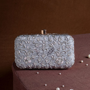 Bridal Zardozi Embroidered Pearl Half Moon Silk Clutch Bag with Golden Thread Work Casual Classic Fashion Soft Indian Purse - Product Image 4