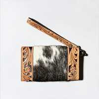 Pochette en cuir repoussé style western avec incrustation de fourrure, motif floral, style vintage, pour usage quotidien