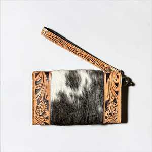 Western Tooled Leather Wristlet With Fur Inlay Floral Design Vintage Style Clutch For Daily Use - Product Image 3