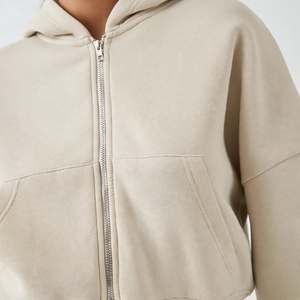 Survêtement 2-en-1 pour femme, beige, à capuche, zippé, épais, manches longues, couleur unie, coupe décontractée, en coton, sweat-shirt et pantalon - Product Image 2
