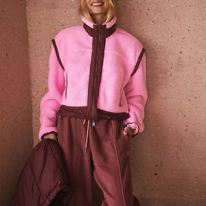 Women Sherpa Fleece Patchwork <b>Jacket</b> <b>Short</b> Stand Collar Full Zip Bomber Coat Winter Outerwear - Product Image 2