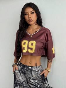 Maillot de football court en mesh marron personnalisé, numéro 89, streetwear pour femme, fabricant OEM en gros sous marque privée - Product Image 6