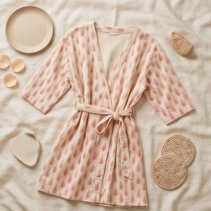 Bata de baño tejida artesanal blanca con estampado de bloques rosas para mujer, estilo casual de verano, talla XS, cierre con cordón, tacto suave. - Product Image 5