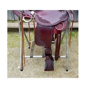 Sillín de caballo tipo Western de cuero marrón con cesta, asiento de gamuza negra grabado a mano, estructura de plástico, juego de arreos, 10-18 pulgadas LLT - Product Image 3