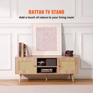 Metà del secolo moderno 55 pollici TV Stand Boho rovere e Rattan TV Cabinet con ripiani regolabili per soggiorno sala multimediale - Product Image 2