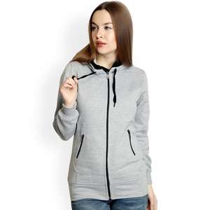 Sweat-shirt gris à capuche zippé pour femme, manches longues, en mélange de coton tricoté, pull décontracté avec poches pour l'automne - Product Image 1