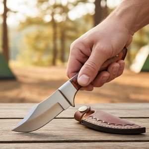 Cuchillo de desollar de acero inoxidable con hoja biselada fija de grado industrial, mango de madera Pakka, funda de cuero, OEM, espiga completa, para bushcraft y camping - Product Image 2