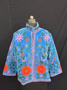 Stunning Royal Blue Velvet Hand Embroidered Floral Suzani Coat Ethnic Kashmiri Winter <b>Cardigan</b> Jacket <b>Women</b> Outerwear - Product Image 1