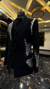 Men’s Black Designer Tuxedo Suit with Silver Embroidery – Wedding Party <b>Blazer</b> with Shawl Lapel & Vest - Product Image 3