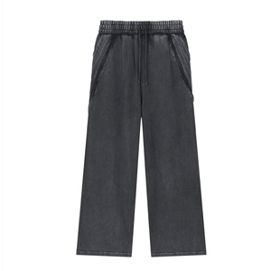 Pantalones de chándal anchos de algodón lavado de peso pesado - Joggers streetwear con detalles de cinta - Pantalones de algodón lavado oversize - Product Image 3