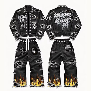 Custom <b>Gothic</b> Punk Streetwear Tracksuit Acid Wash Distressed <b>Jacket</b> Baggy Flame Sweatpants Y2K Unisex Set - Product Image 1