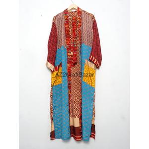 Robe kimono pour femmes 100% soie, toutes saisons, respirante, séchage rapide, douce, col en V, patchwork imprimé, manches trois-quarts, cordon de serrage - Product Image 1