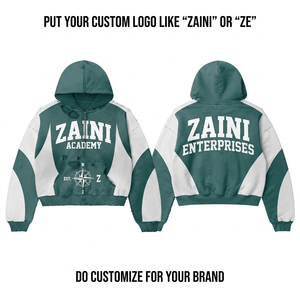 Sweat à capuche zippé en coton polyester tissé 400 GSM de qualité supérieure, avec empiècements color block vert et blanc, broderie logo personnalisé, OEM ODM - Product Image 1