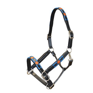 Selle anglaise en cuir noir avec incrustations géométriques bleues et orange, couronne rembourrée, quincaillerie argentée réglable, élégante pour l'équitation - Product Image 2