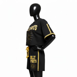 Ensemble haut court et short en jersey de coton premium pour femme, noir, avec logo personnalisé imprimé en or, 100% coton - Product Image 2