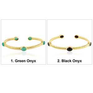 Black Green Oval Onyx Stone Women's Adjustable Cuff <b>Bracelet</b> Twisted <b>Rope</b> Texture Handmade 18k Gold Plated Bezel Set Open Bangle - Product Image 1