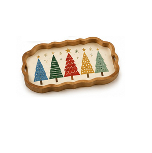 Octagonal shape <b>Wooden</b> Serving <b>Tray</b> With Christmas Tree Pattern Painted Finish Handle Residential Use - Product Image 2