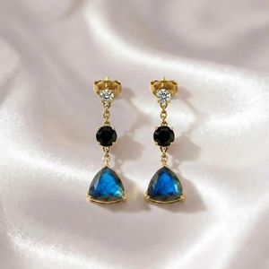 Labradorite Trillion Cut & Black Obsidian Round Faceted Drop <b>Earrings</b> With CZ Accent Elegant Labradorite Gemstone <b>Stud</b> <b>Earrings</b> - Product Image 4
