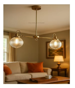 Brass LED Chandelier Ribbed Metal <b>Globe</b> Shades 2 Linear Pendant Adjustable Height Italian Mid Century Ceiling Kitchen Dining - Product Image 1
