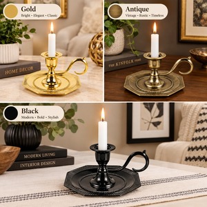 Gold Brass Chamberstick <b>Candle</b> Holder Handled Taper Stand Vintage Octagon <b>Dish</b> Base Candleholder Home Table Wedding Christmas - Product Image 4