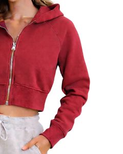 Customized Womens Cropped Zip Up <b>Hoodie</b> Long Sleeve Casual Sweatshirt Soft Fleece Streetwear Wine <b>Red</b> Color Autumn Winter Wear - Product Image 4