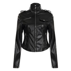 Veste en cuir pour femme, fermeture éclair, vêtement d'extérieur pour moto, noir, manches longues, coupe régulière, pour l'automne et l'hiver - Product Image 6