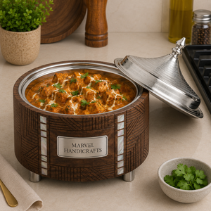 Cacerola de Acero Inoxidable Aislada con Acabado de Madera de Lujo e Incrustaciones de Madreperla, Olla para Mantener Alimentos Calientes, Vajilla Premium Hecha a Mano - Product Image 3