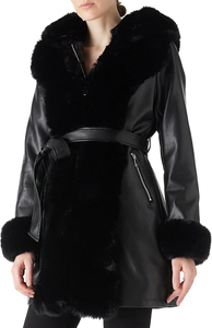 Manteau d'hiver décontracté noir à capuche pour femme avec ceinture, fermeture éclair et bordure en fausse fourrure respirante, manches longues - Product Image 2