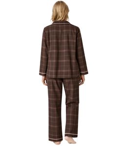 Ensemble de pyjama pour femme à carreaux marron personnalisé, manches longues, boutonné, vêtements de nuit en coton doux, ensemble de vêtements de détente en deux pièces - Product Image 2