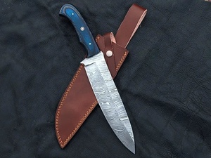 Premium Handmade Damascus Pattern Chef <b>Knife</b> Fixed Blade Outdoor Cooking <b>Knife</b> Blue Wood Handle Leather Sheath OEM ODM Custom - Product Image 1