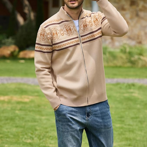 Top Trending Knitted Zipper <b>Cardigan</b> Geometric Pattern Full Sleeve Autumn Sweater <b>Beige</b> Color Casual Wear Travel Weekend Outfits - Product Image 5