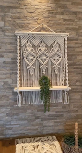 Diamond Design Macrame <b>Wall</b> <b>Hanging</b> Cotton Rope with Pine Wooden Shelf Bohemian Handmade <b>Decorative</b> <b>Wall</b> <b>Hanging</b> for Home Décor - Product Image 2