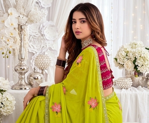 AARA Fashion Green Embroidered Silk Saree <b>Red</b> <b>Blouse</b> Women Traditional Wedding Wear India Pakistan Style Floor Length Regular - Product Image 2