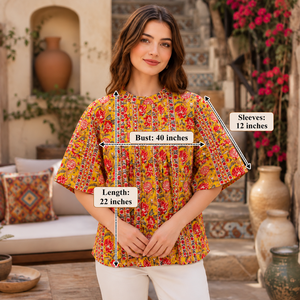 Top Peplum de Algodón con Estampado Artesanal |   Blusa con cuello de volantes y estampado floral amarillo | Top para mujer - Product Image 6