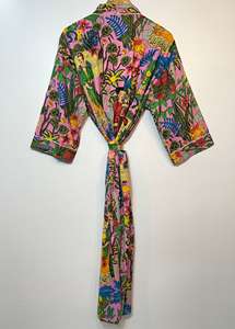 Robe kimono longue en coton tissé imprimé fait main indien pour femme, séchage rapide, col en V, manches longues, peignoir de plage, été - Product Image 2