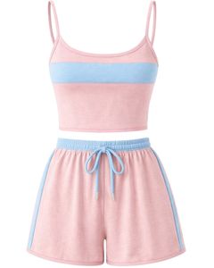 Pink Blue Women Camisole And Shorts <b>Set</b> Summer Two Piece Outfit Cotton Blend Crop Top Contrast Panel Drawstring Shorts Casual - Product Image 1