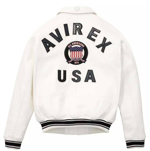 Chaqueta Varsity Blanca para Hombre Avirex, Diseño con Parches Bordados, Cuello Camisero, Cierre de Cremallera, Estilo Casual, Chaquetas de Cuero Genuino - Product Image 3