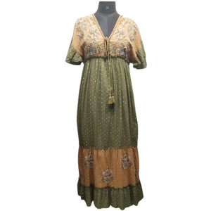 Robe longue d'été pour femme, col en V, manches courtes, broderie à la main, taille élastique, respirante, simple, élégante, ample, décontractée, pour les fêtes - Product Image 1