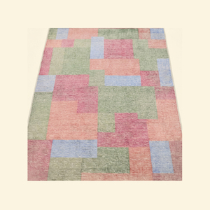 Tapis tufté à la main rose et vert pastel, antidérapant, écologique, motif géométrique abstrait moderne, blocs de couleur, à poils épais pour - Product Image 2