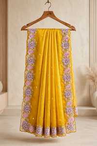 Sari en soie Bala douce brodé de fleurs multicolores avec blouse à sequins, tenue de fête moderne pour femme, séchage rapide - Product Image 3