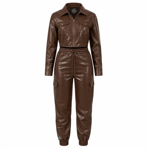 Women's Brown PU Leather Winter Tracksuit Full Sleeve Drawstring <b>Pants</b> Solid Color Casual Wear 2 1 Design Breathable - Product Image 1