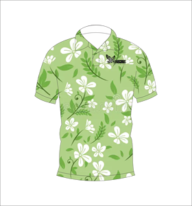 เสื้อโปโลลายดอกไม้สีเขียวสดใส ลายดอกไม้สีขาว ลายใบไม้สีเขียว แขนสั้น ลำลองสำหรับฤดูร้อน มุมมองด้านหน้าและด้านหลัง - Product Image 1
